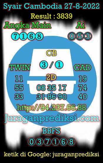 Prediksi Cambodia 27 Agustus 2022 hari ini kami ambil dari Syair cambodia 27 8 2022