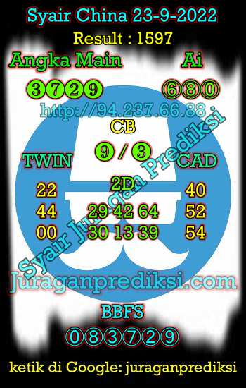 Prediksi Syair China 23 September 2022 dan Kode Syair China hari ini adalah Bocoran China serta Prediksi china akurat Jumat 23-9-2022. Prediksi togel china 4d hari ini kami ambil dari syair china Jumat 23 September 2022.