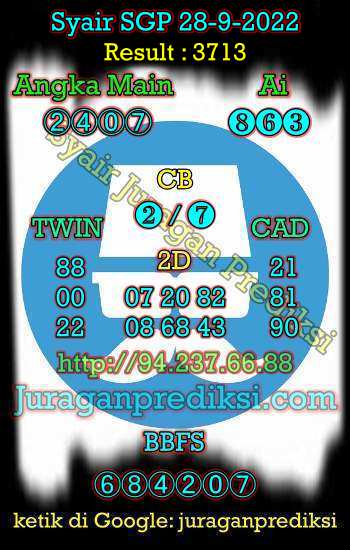 Prediksi SGP 28 September 2022 dari Forum Syair prediksi Sgp adalah Kode Syair Sgp hari ini yang diambil dari Forum Syair Singapore. Prediksi Singapore Rabu 28-9-2022 juga merupakan Syair Singapore Rabu 28 September 2022.
