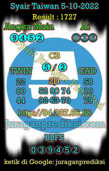 Prediksi Taiwan 5 Oktober 2022 adalah prediksi taiwan dan juga Syair taiwan hari ini Rabu 5 10 2022 yang merupakan angka keluar togel taiwan malam hari ini